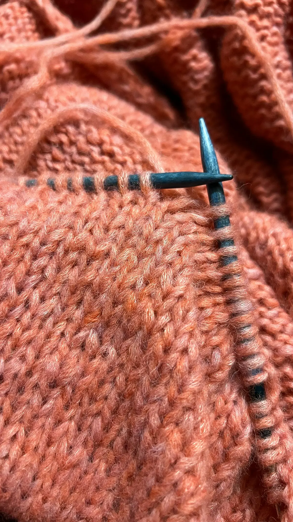 Close-up of rust-colored stitches on a circular needle